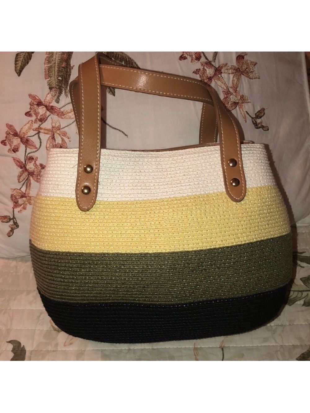Amanda Smith Knit Straw Leather Combo Stripes Mini Bag